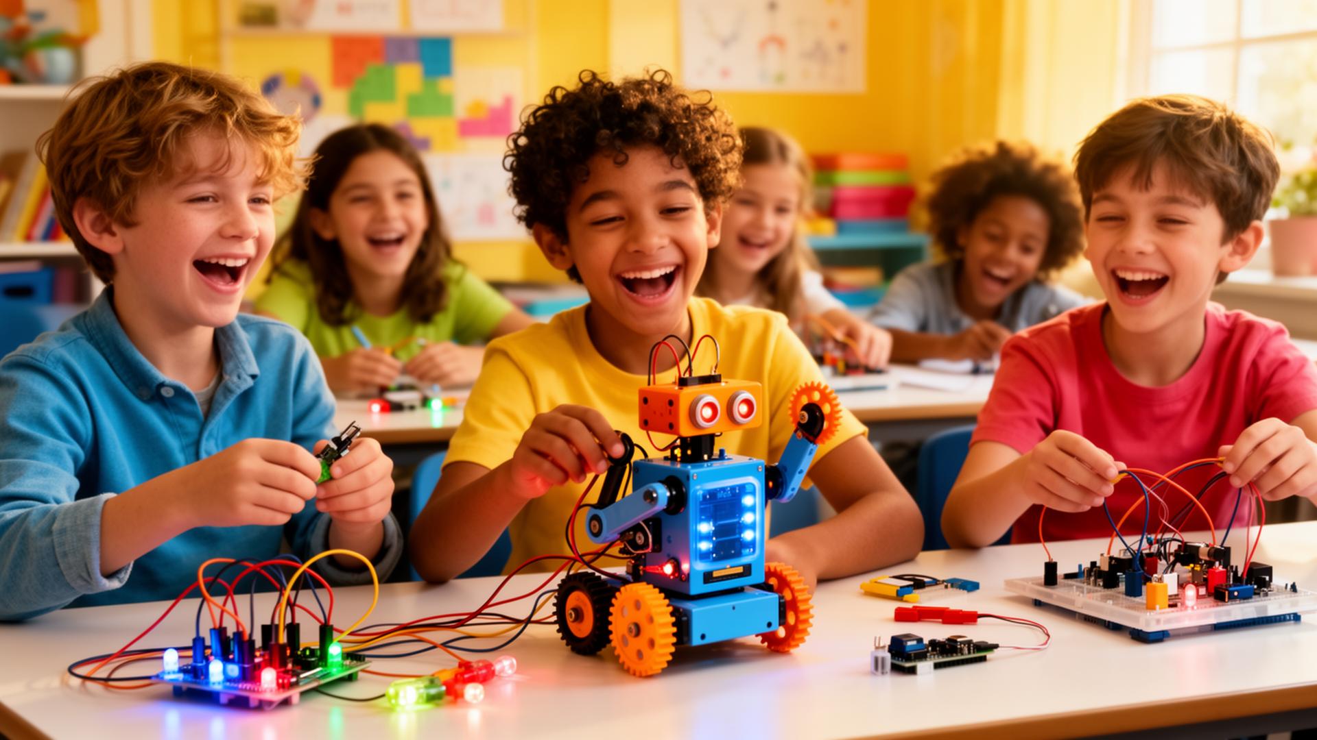 Kids laughing while building a robot with circuits